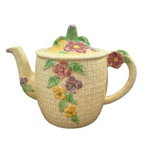 Vintage Wade Heath Basket Weave Ceramic Teapot-Hand painted flowers